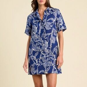 Trovata Birds of Paradis Dana Dress Linen Shirt Dress Medium Coastal Resort Chic
